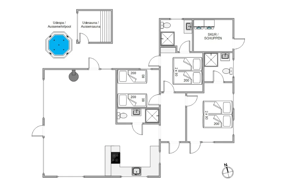 Un plano muestra varias habitaciones, una zona de cocina y una bañera de hidromasaje exterior.