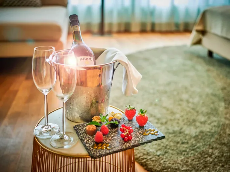 Champagne and strawberries in the wedding suite