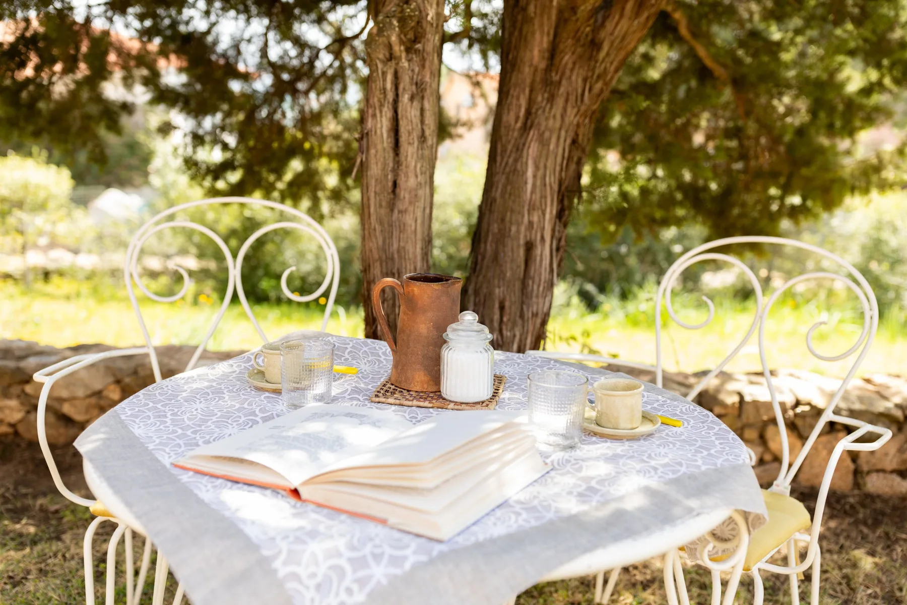 An outdoor table with a lace-patterned cloth, cups, and an open book beneath trees.