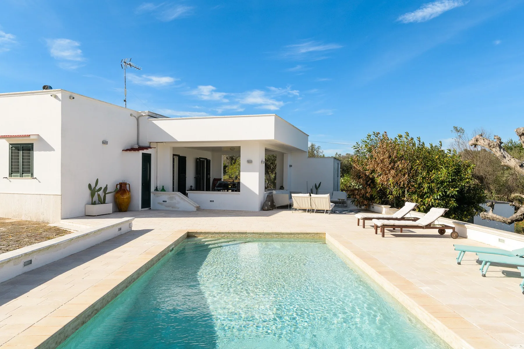 A modern house opens onto a swimming pool and sunny patio.
