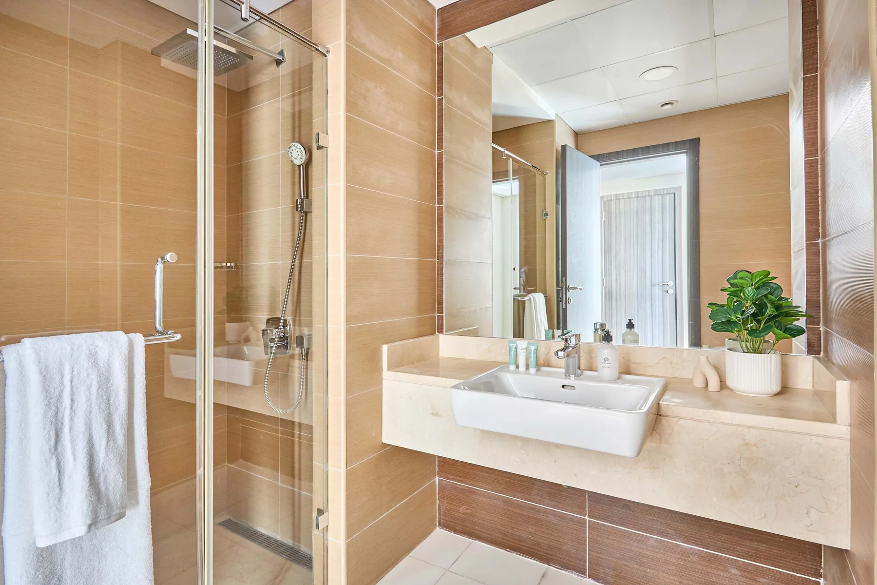 Un baño alicatado tiene una ducha de vidrio, un lavabo y una planta sobre la encimera.