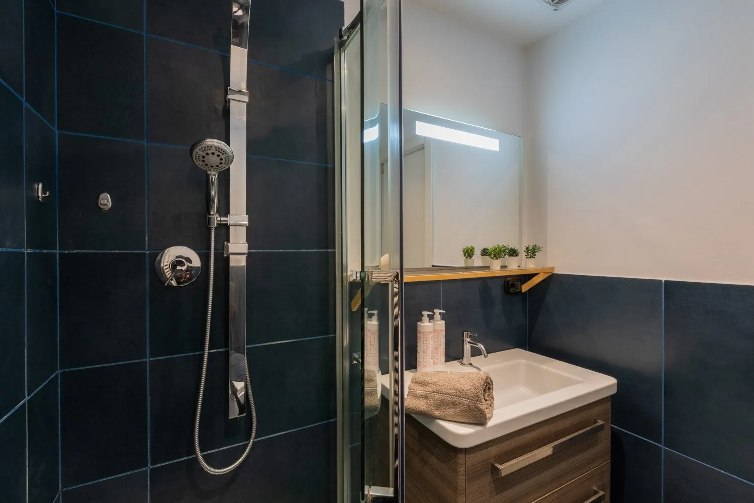 A bathroom with a dark tiled shower and a vanity beside the sink.