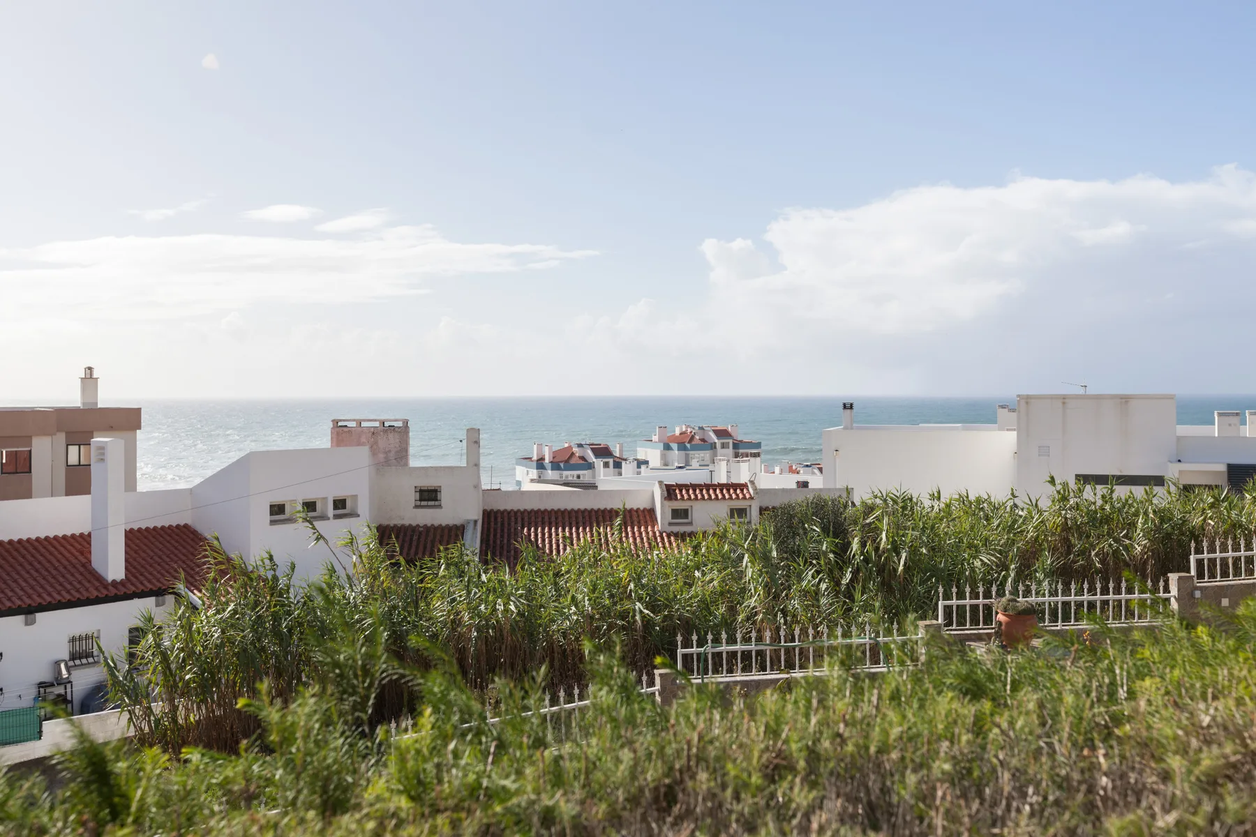Coastal view over rooftops, with the ocean visible beyond the buildings.