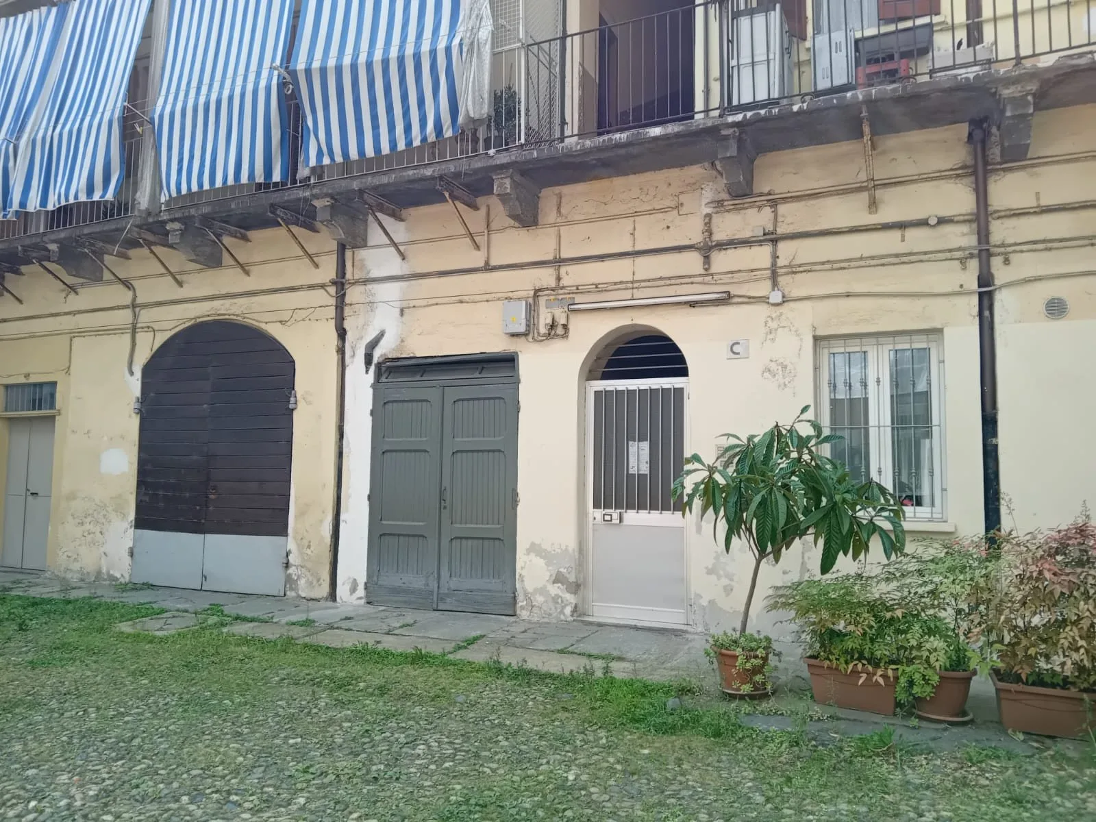 Fachada de un edificio envejecido con puertas arqueadas y plantas en macetas delante.