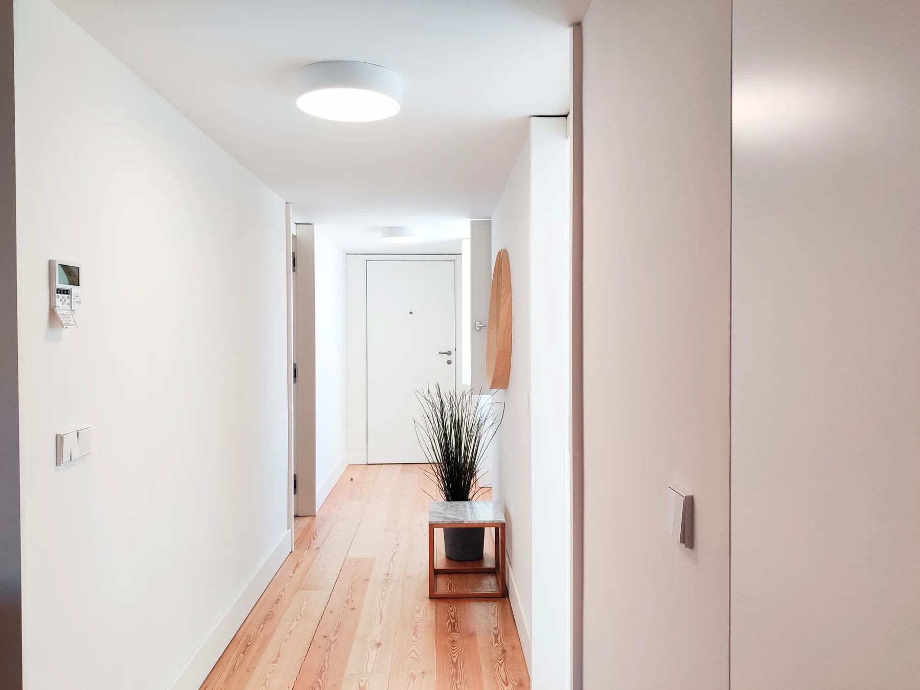 A bright apartment hallway leads to a white entry door.