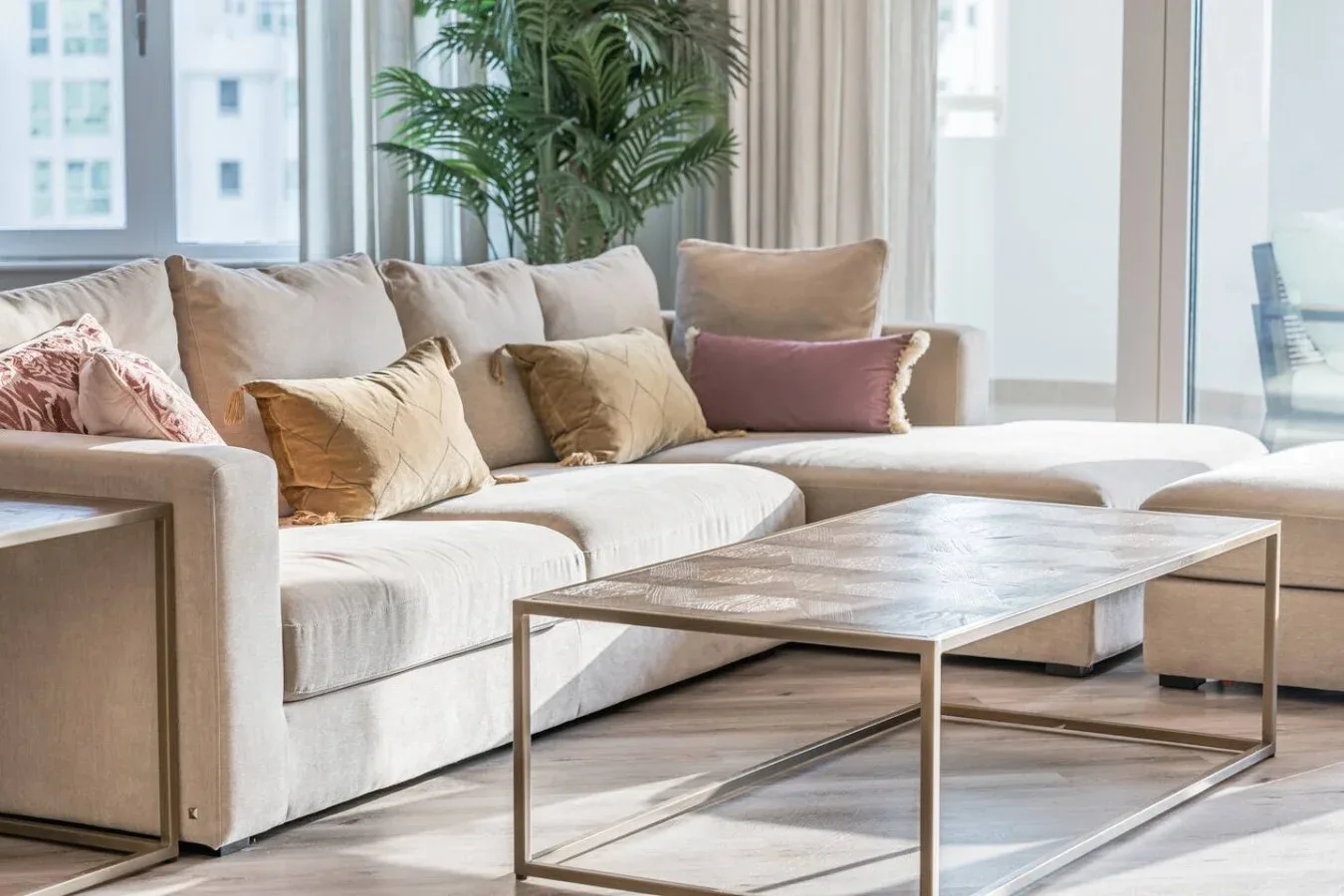 A bright living room with a sectional sofa, coffee table, and leafy plant.