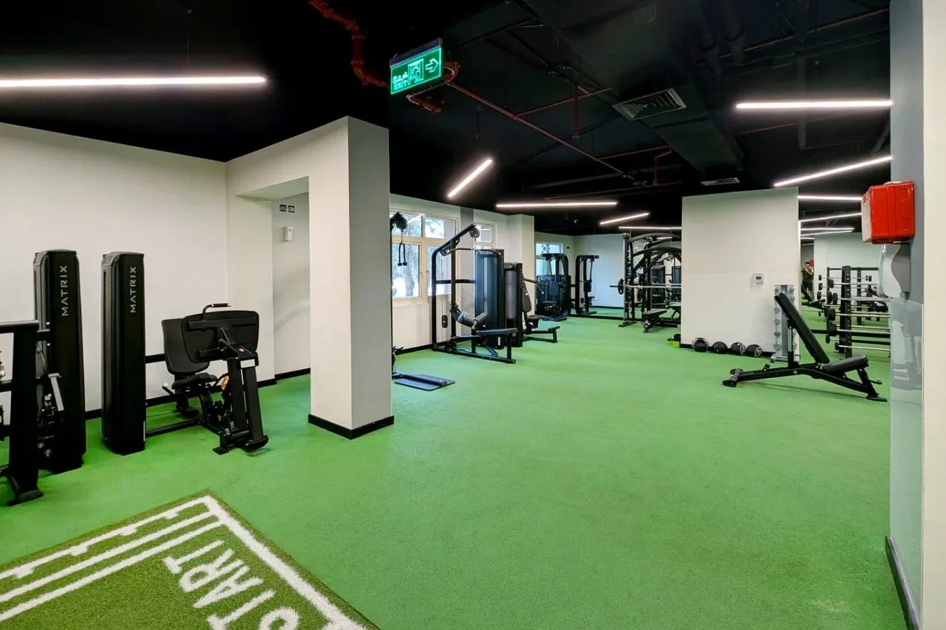 A gym with exercise machines and weights on a green floor.