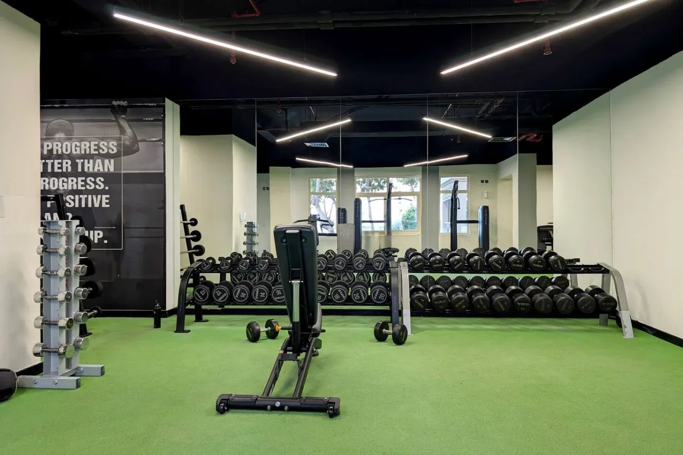 A gym weight area with dumbbell racks and green flooring.