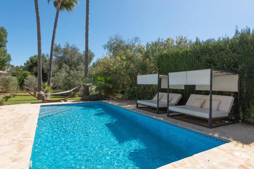 An outdoor swimming pool sits beside shaded lounge seating and a hammock.