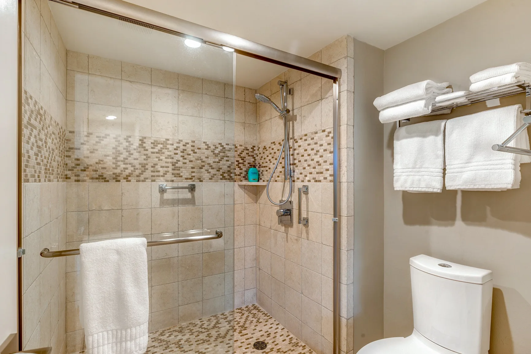 A tiled bathroom features a shower, towel rack, and toilet.