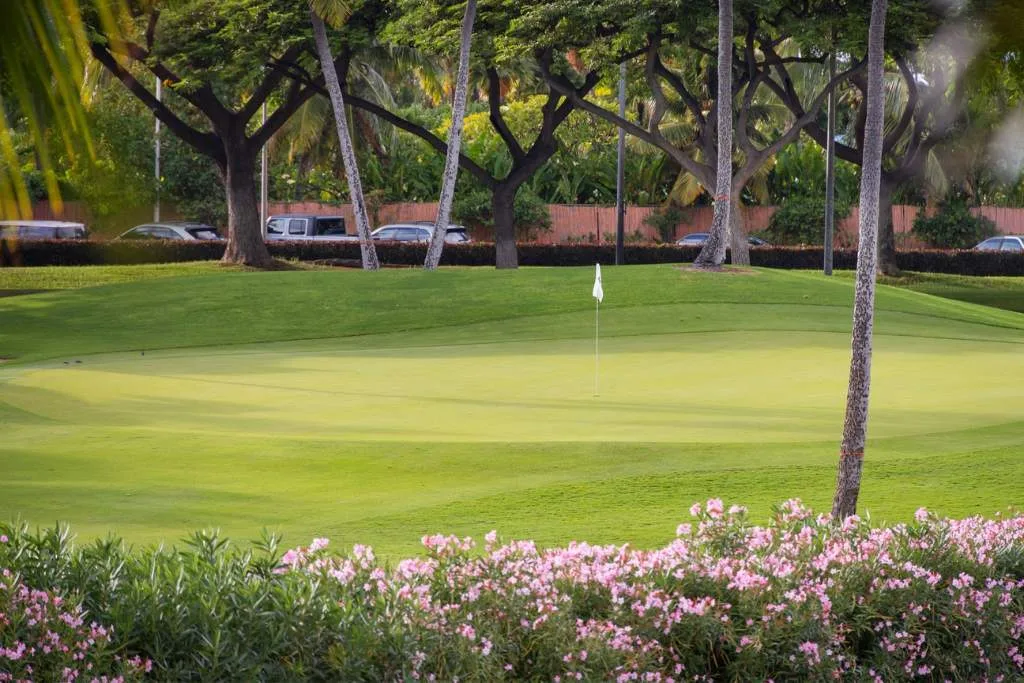 Un green de golf con una bandera está rodeado de árboles y arbustos con flores.
