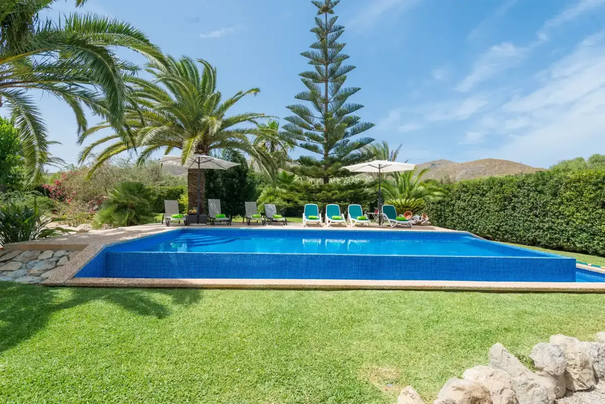 An outdoor swimming pool is surrounded by lawn, palm trees, and lounge seating.