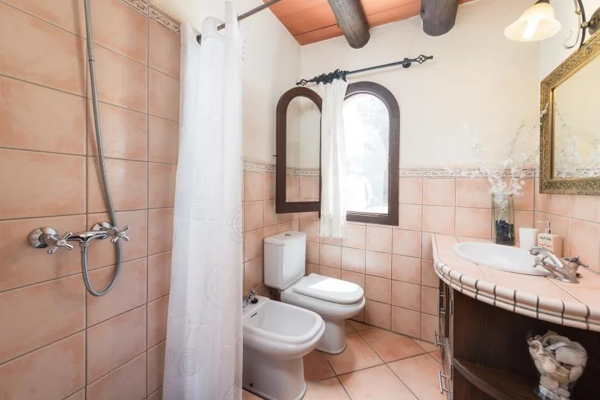 A tiled bathroom with a shower, toilet, and sink beneath a timber ceiling.