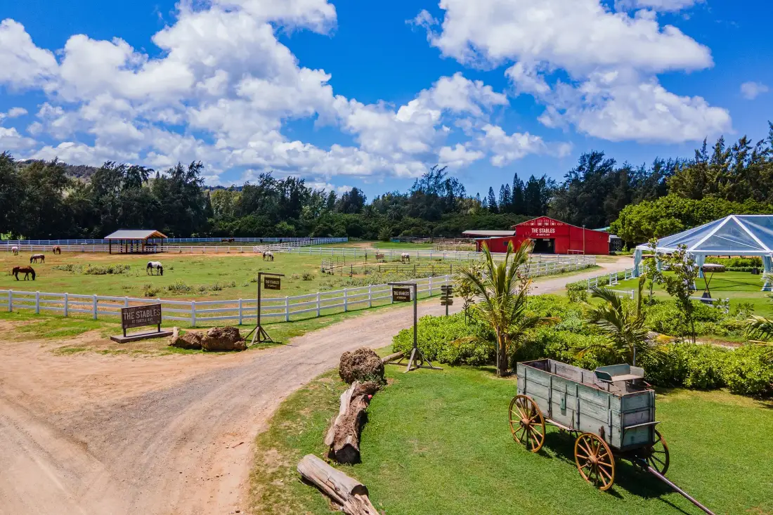 A rural farm scene with fenced pastures, grazing animals, and a red barn.