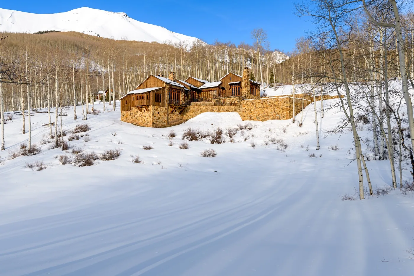 Un refugio de madera se encuentra entre árboles nevados bajo una montaña.
