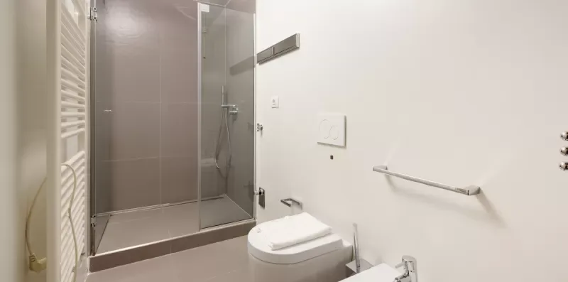 A bathroom with a shower, toilet, and wall-mounted towel rail.