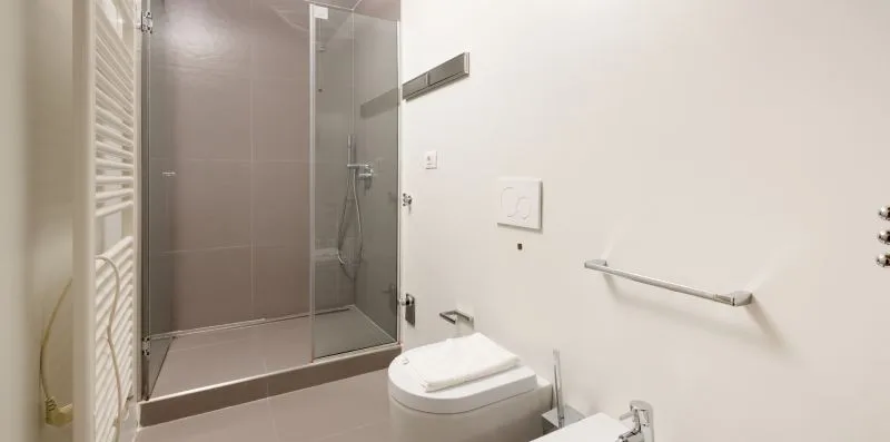 A bathroom with a glass shower, toilet, and wall-mounted towel rail.