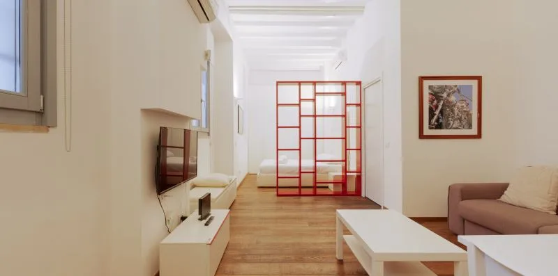 A bright living room with a television, seating, and a red open divider.