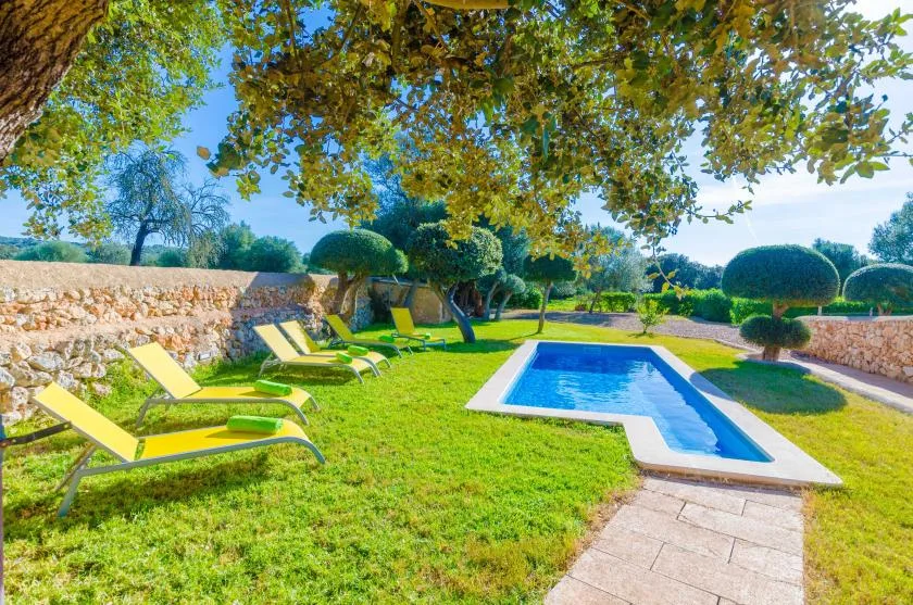 Una piscina en el jardín está junto a asientos sobre el césped y muros bajos de piedra.
