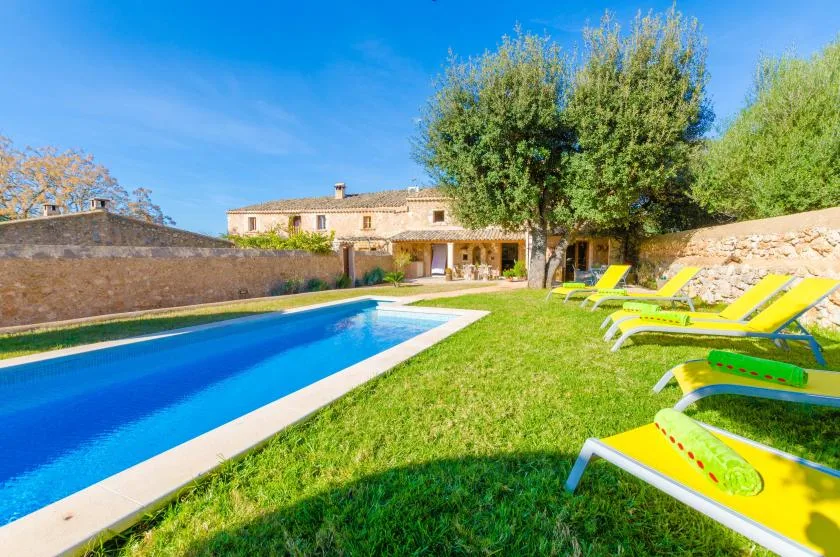 Una piscina junto a un césped con tumbonas de colores vivos.