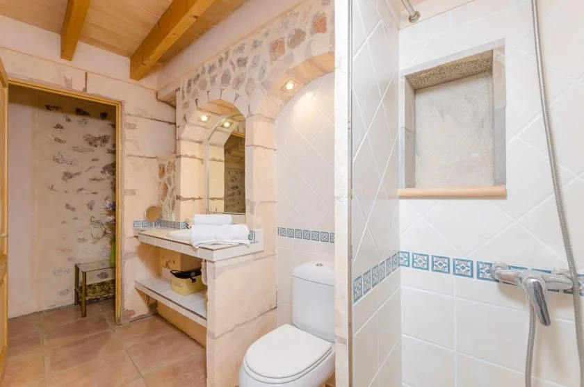 Un baño revestido de azulejos con lavabo, espejo, inodoro y zona de ducha.