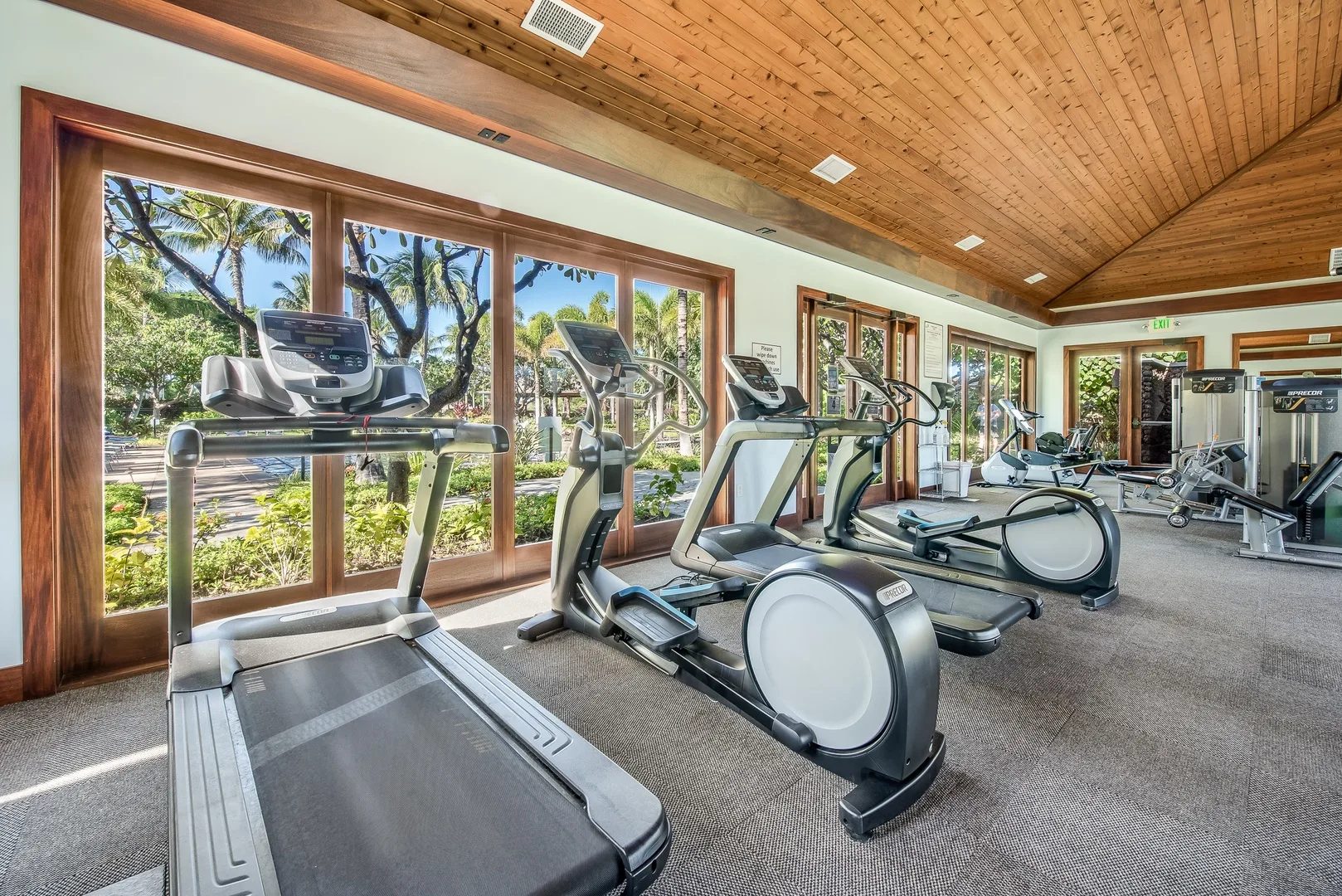 A fitness room with treadmills and exercise machines beside large windows.