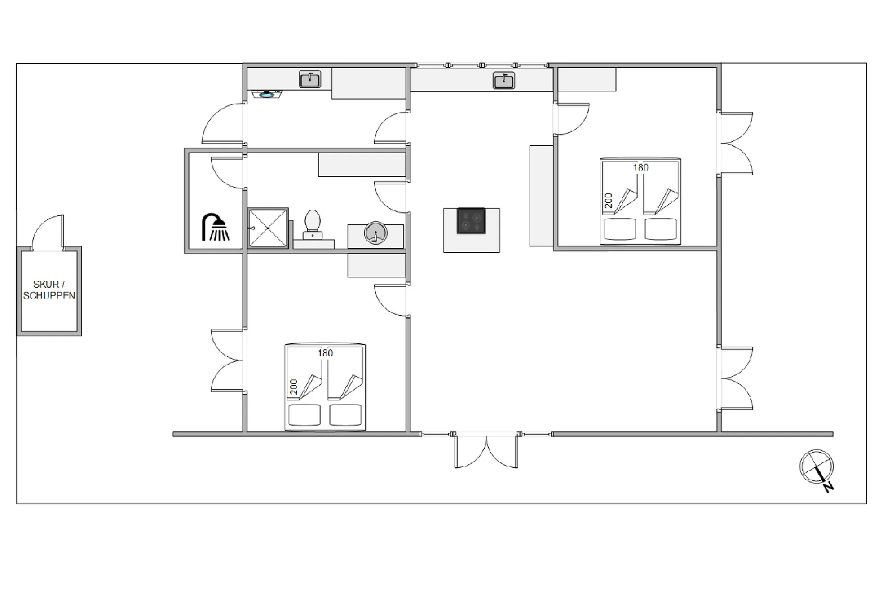 A floor plan shows the room layout, bathroom fixtures, and bed areas.