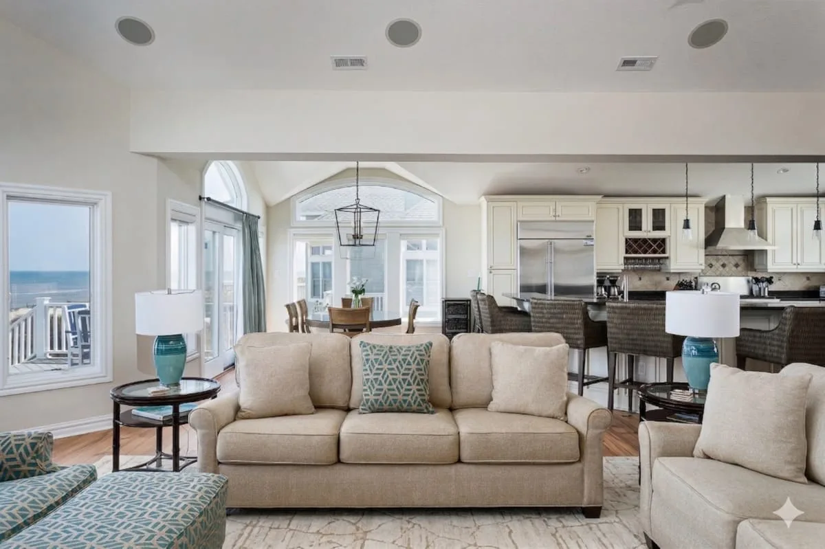 Una sala luminosa con asientos beige y una cocina abierta.