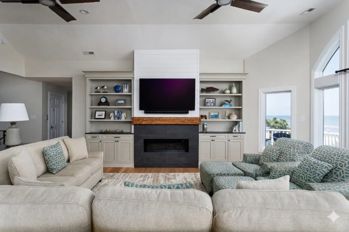 Una luminosa sala de estar con asientos frente a una chimenea y un televisor.