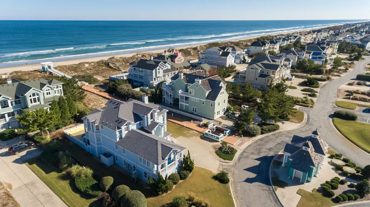 Aerial view of coastal homes along a sandy beach and ocean.