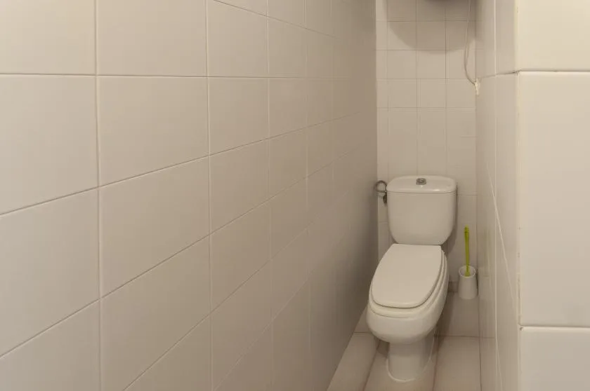 A narrow tiled bathroom with a toilet and a toilet brush.