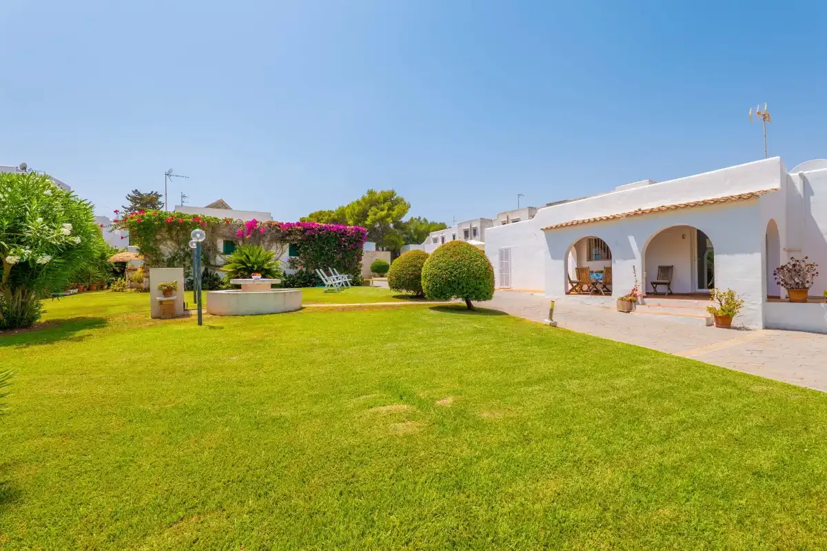 A sunny garden with a broad lawn, shrubs, and a white building.
