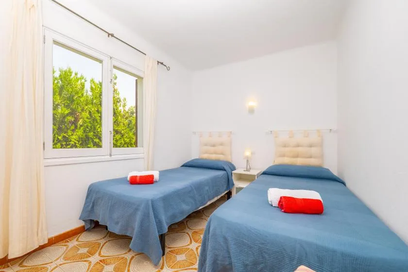 A bright bedroom with two beds, blue bedspreads, and a large window.