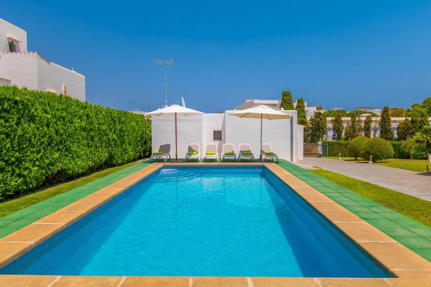 An outdoor swimming pool is bordered by lounge chairs and green hedges.