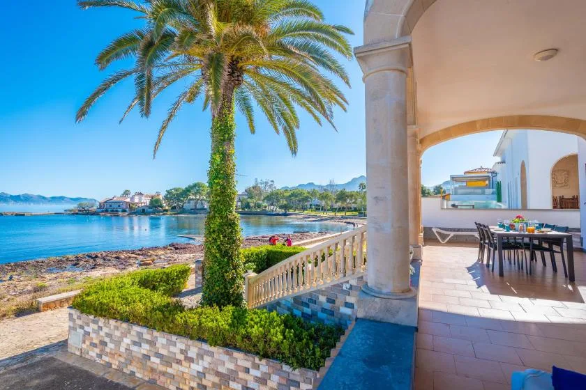 Una terraza cubierta da al agua, con una palmera junto a la balaustrada.