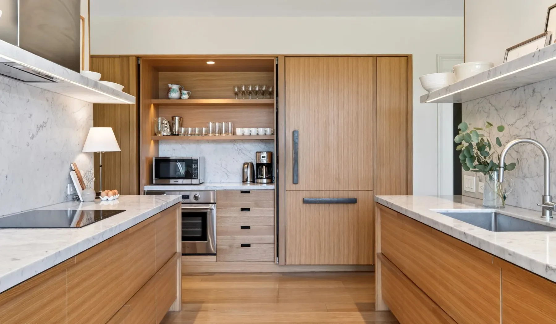 Una cocina moderna con gabinetes de madera, estantes abiertos y un refrigerador central.