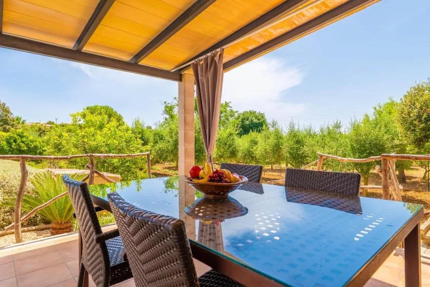 Una zona de comedor exterior cubierta con mesa de vidrio y asientos tejidos da a la vegetación.