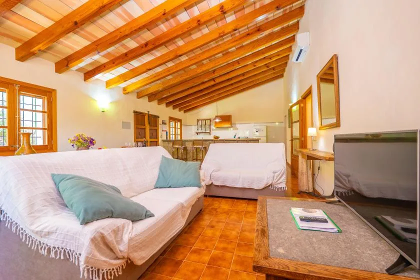Una luminosa sala de estar con asientos, un televisor y una cocina abierta.