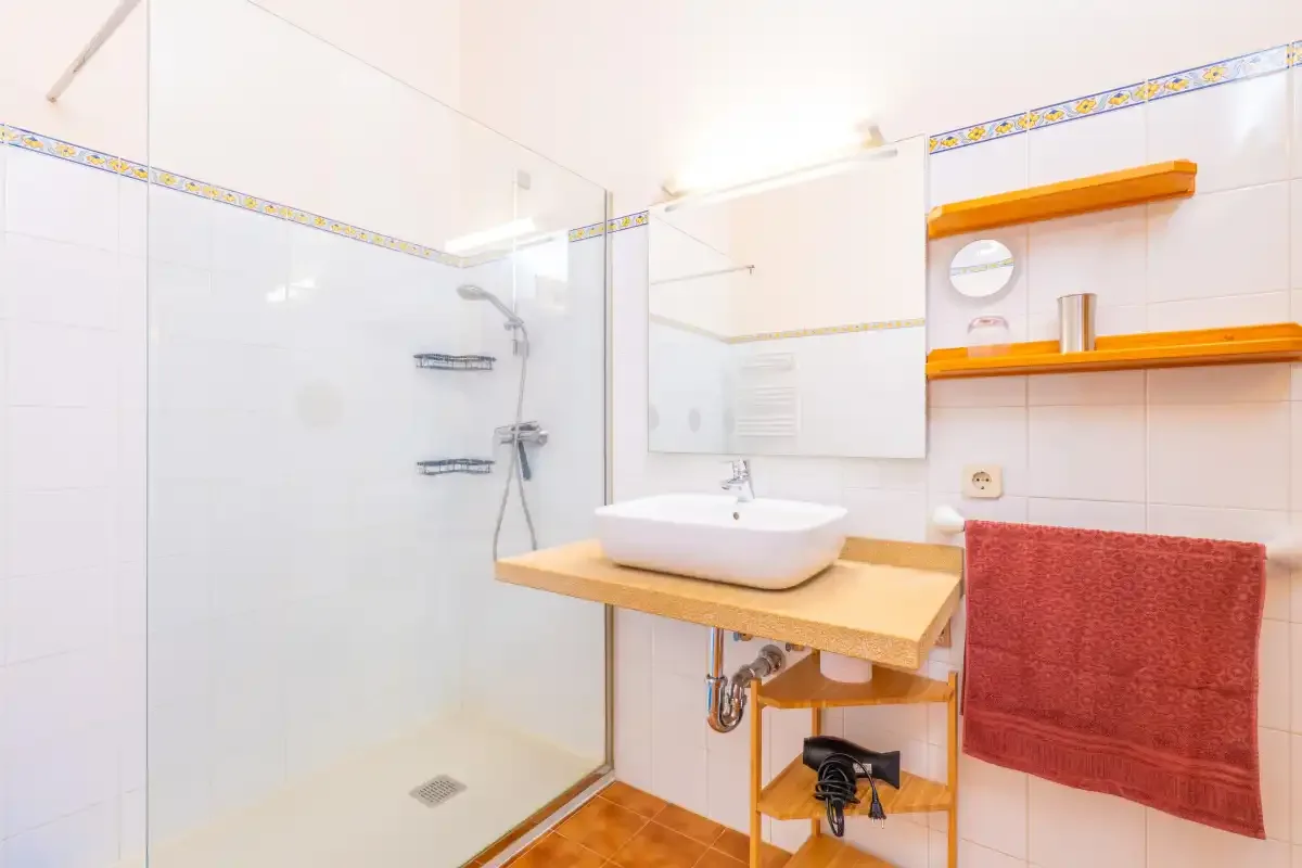 Un baño luminoso con una ducha de cristal y un lavabo sobre un mueble de madera.