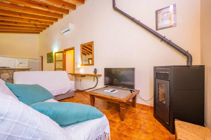 Una sala de estar con asientos, un televisor y una estufa de leña.