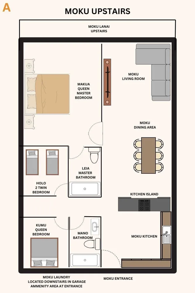 Un plano muestra dormitorios, baños, sala de estar, comedor y cocina.