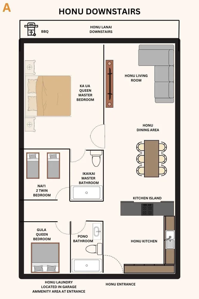 Un plano etiquetado muestra dormitorios, baños, una sala de estar y una cocina.