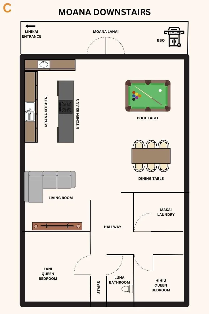 Un plano rotulado muestra una distribución en la planta baja con cocina, sala de estar y dormitorios.