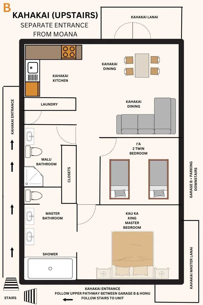 Un plano rotulado muestra la cocina, el comedor, los baños y los dormitorios.