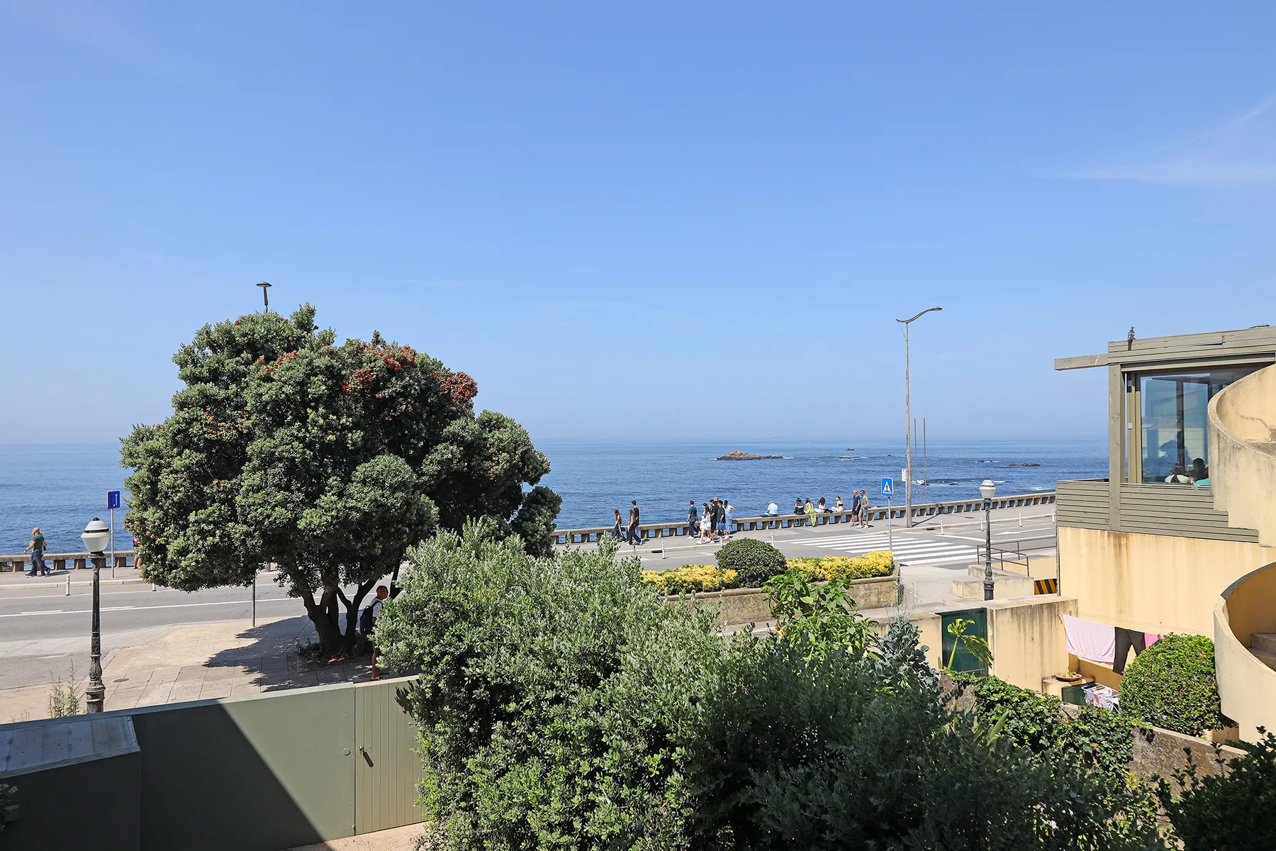 A coastal promenade overlooks the sea, with trees and a building beside it.
