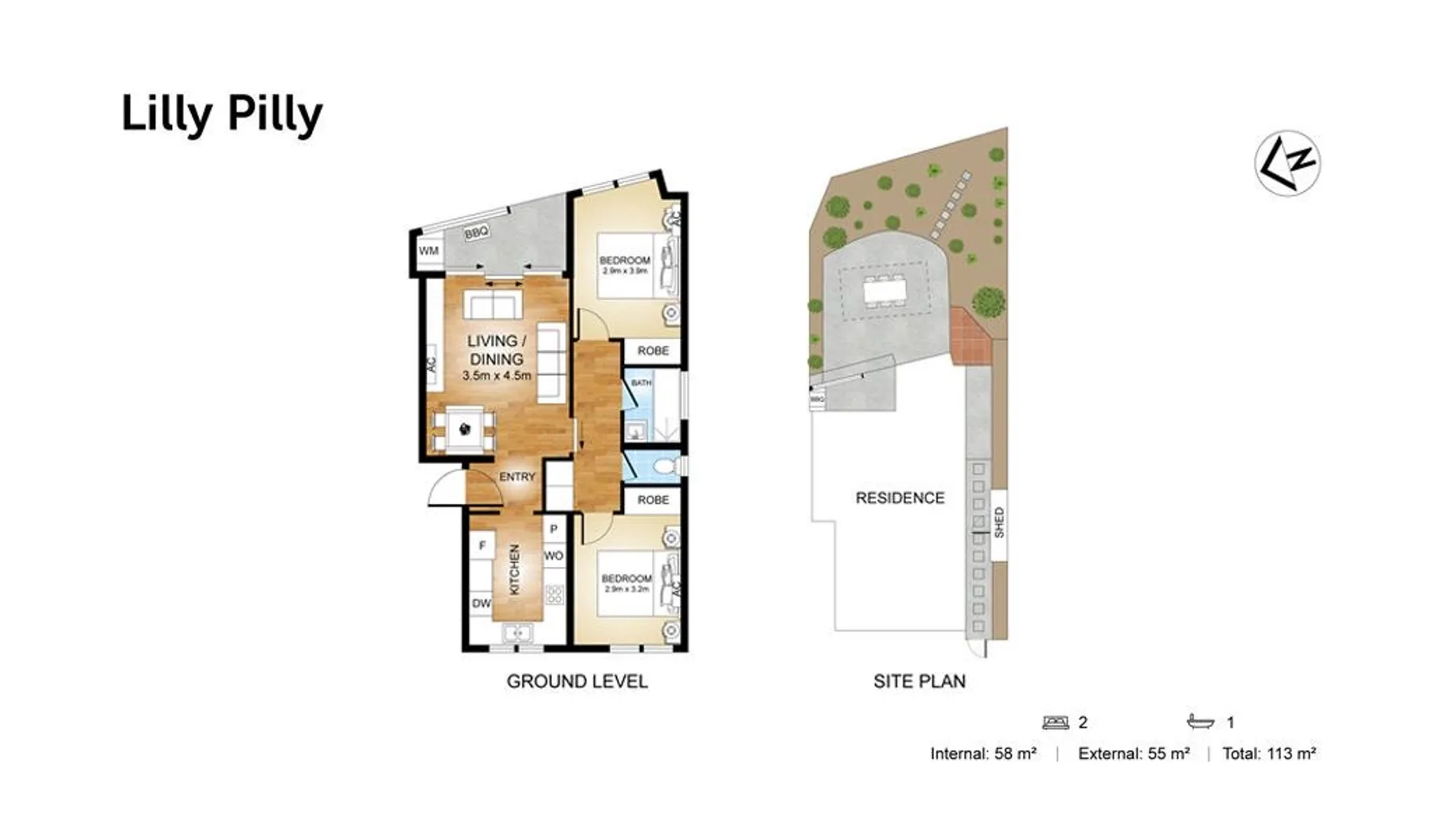 A floor plan and site plan show the layout of a residence and its surrounding lot.