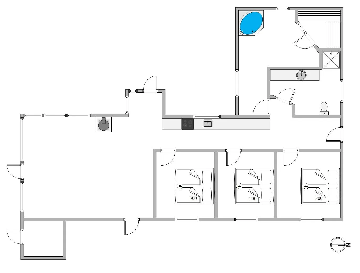 Plano de una vivienda con tres dormitorios, una zona de estar y un baño.