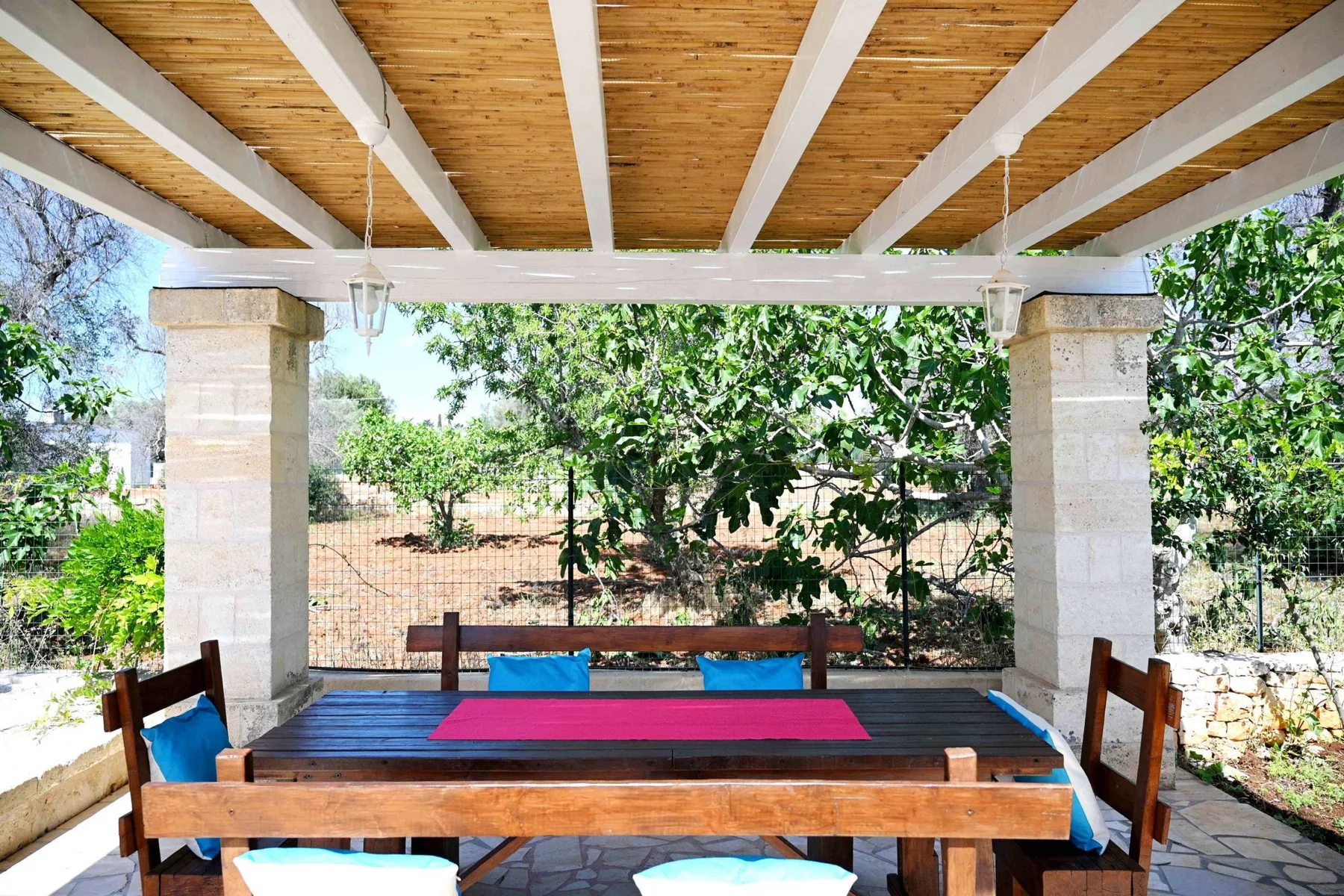 A covered outdoor dining area with a long wooden table and benches.