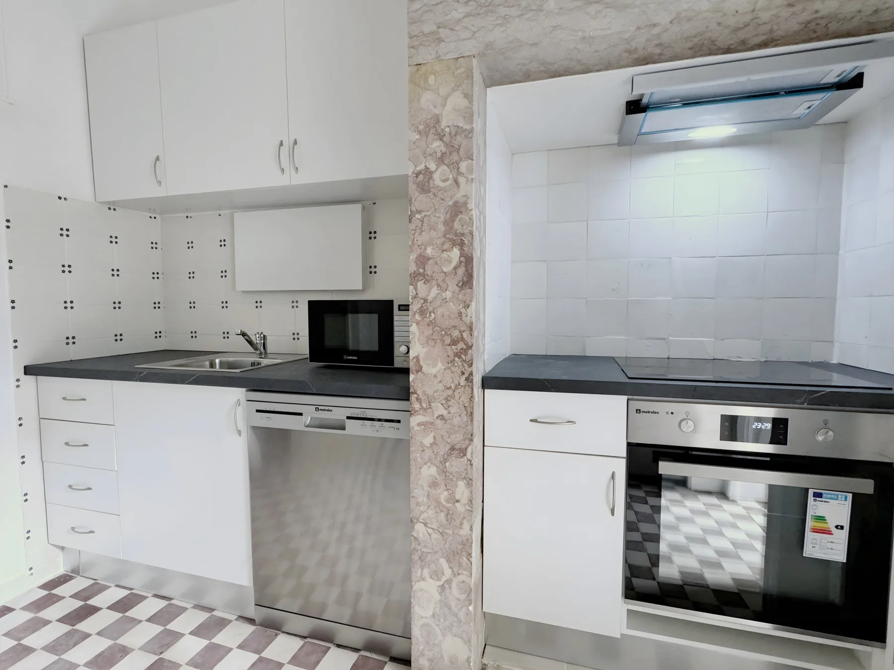 A compact kitchen with white cabinets, a sink, and built-in cooking appliances.
