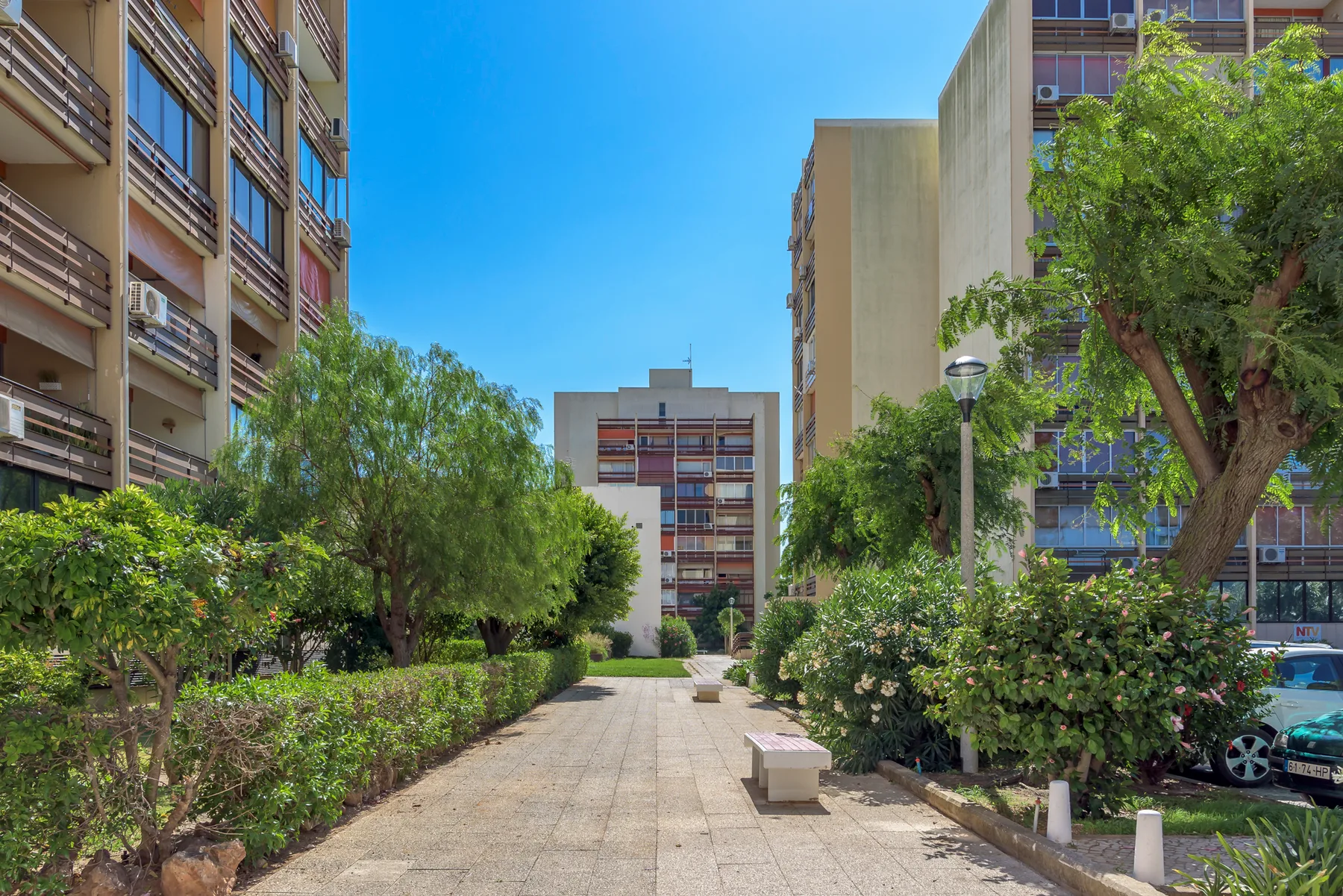Un camino pavimentado pasa entre edificios de apartamentos y zonas ajardinadas.